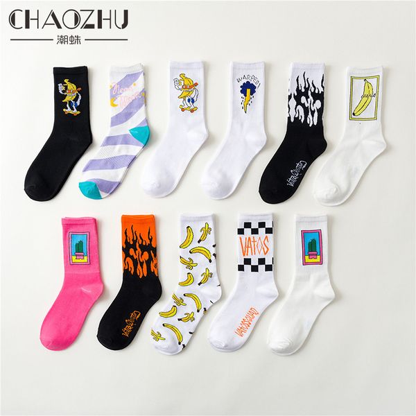 

chaozhu women cartoon banana casual skateboard canvas shoes socks trendy cute stretch cotton girls old school socks lady, Black;white