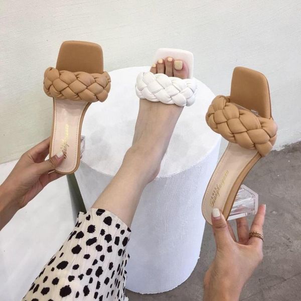 

shoes woman 2020 slippers women summer square heel luxury slides female mule transparent heel low jelly flip flops pantofle, Black