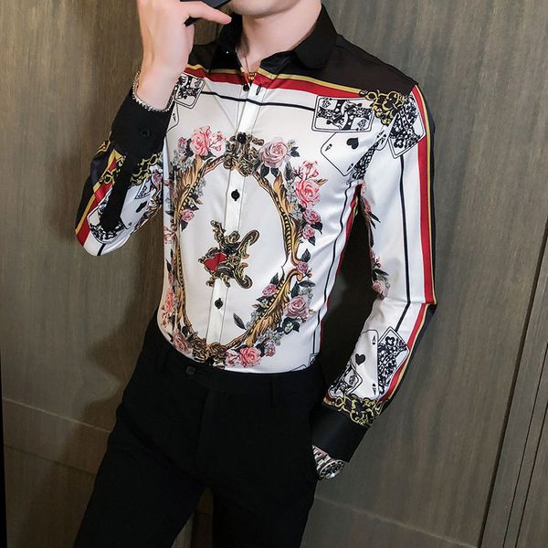 

vintage flower mirror shirt men four seasons floral print shirt men 2020 long sleeve fashion party club clothing top, White;black