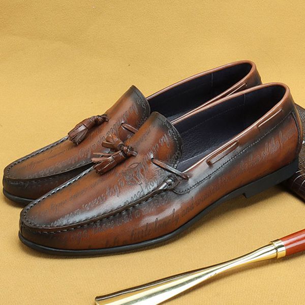

autumn genuine leather handmade brown blue mens loafers with tassel man dress shoes wedding moccasin party footwear, Black