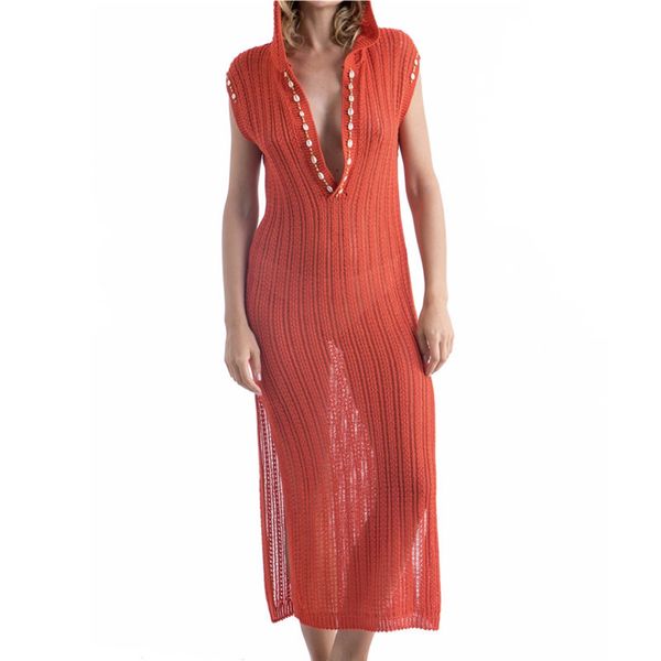 

casual dresses 2021 women summer beach dress crochet tunic plunging neck sleeveless hoodie side split knitted midi robe plage n749, Black;gray