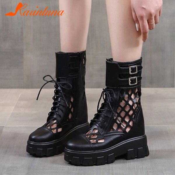 

karin 2020 new arrivals wedge heels comfortable fashion boots woman shoes buckle decoration platform zipper shoes lady boots, Black