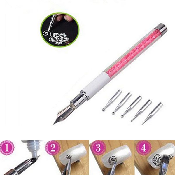 

nail art pen brush 5 dotting head nib painting drawing manicure tool rhinestone crystal metal tips for lady nail art tool