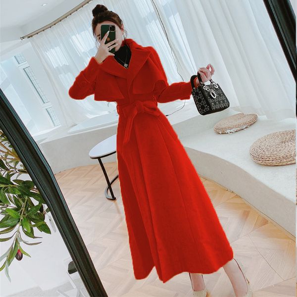 

women's wool & blends deivor 2021 winter woolen overcoat mid long over the knee closed waist, Black