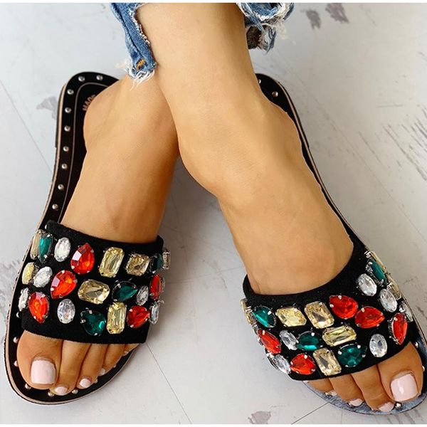 

summer slippers slides shoes women bling crystal chaussures femme outside pantufa flat slippers mules geometric flats casual, Black