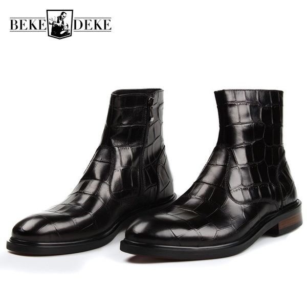 

2020 new british style crocodile pattern genuine leather boots men business casual dress shoes round toe cowskin boots, Black