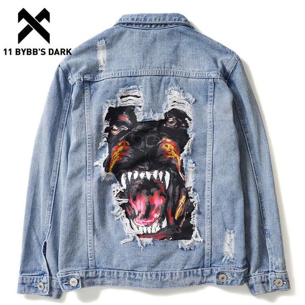 

11 bybb's dark men jeans jackets 2020 autumn dog patch design broken hole denim jacket streetwear hip hop coats casual outwear, Black;brown