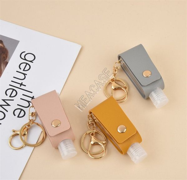 

30ml hand sanitizer bottle + leather holder cover bag set with clip key chain bag pendants protable travel bottles keychains pendent d9202, Blue