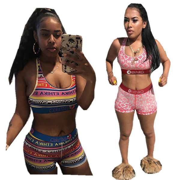 

summer women swimsuit fashion tracksuit push up bra vest + shorts two piece set trendy letter outfits bodycon swimwear sport bikini suit ins, White