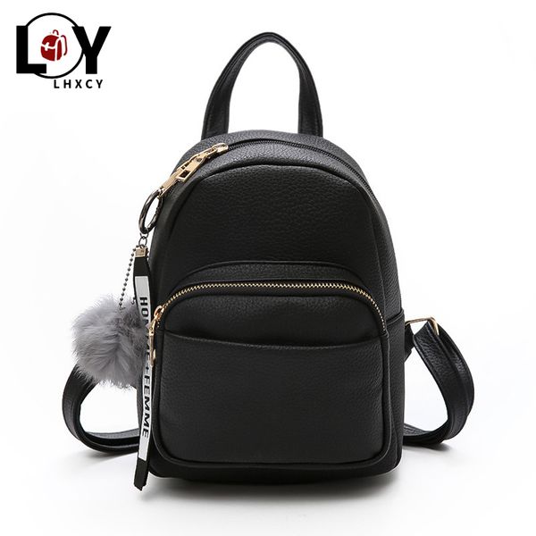 

fuzzy ball pendant pu leather mini backpack leisure soft travel school bag for teenage multifunction women backpack