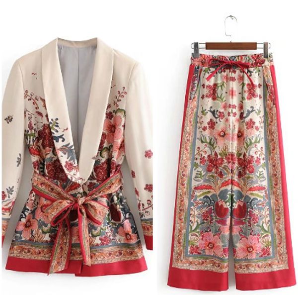 

new vintage print female suit jacket with belt wide leg pant suit sets harajuku women coat spring elegant outwear lady blazer, Gray