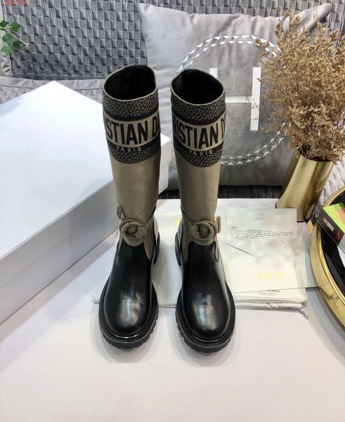 

new fashion autumn winter shoes woman leather knee high knight boots designer metal buckle round heels slip on boots d-major boot, Black
