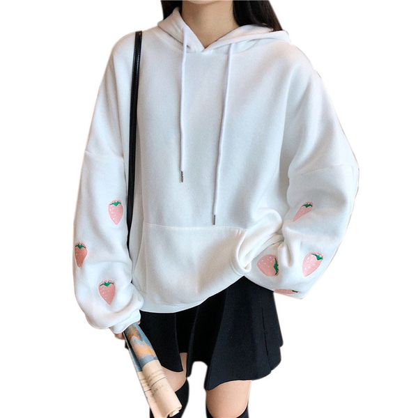

2020 simple harajuku strawberry embroidery lavender pink sweatshirt women kawaii loose long sleeves oversized hoodies, Black