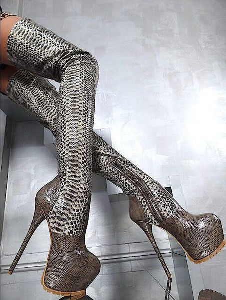 

2020 super python leather women high platform boots point toe ladies stretch leather over the knee boots stiletto, Black