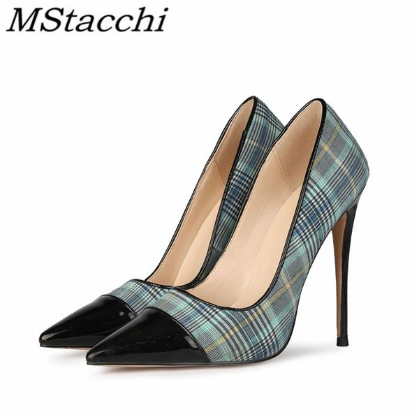 

mstacchi -12cm customized plaid cloth with patent leather pointed women high heel shoes elegant fashion sapatos das mulheres, Black