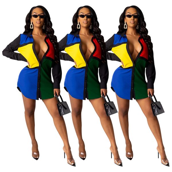 

dropshipping autumn designer ladies shirt dress contrast color lapel neck single breasted mini dress casual female clothing, Black;gray