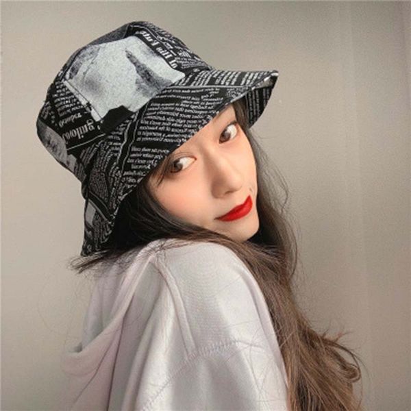 

retro graffiti hat spring and summer newspaper pattern fisherman hat female wild sunscreen sun basin h27, Blue;gray