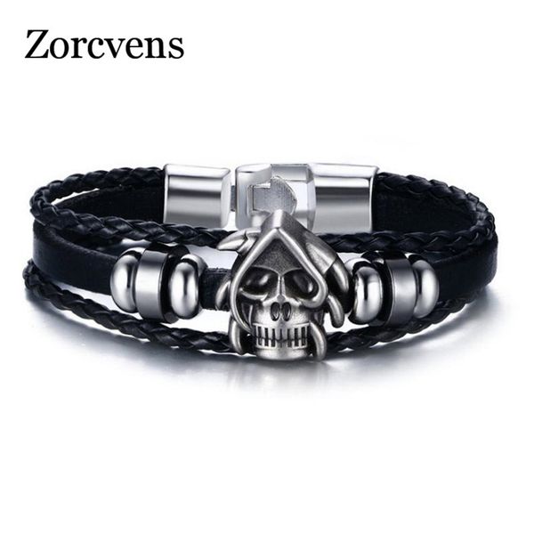 

modyle punk skull men bracelet beaded charms pu leather gothic cool rock bracelets & bangles, Golden;silver