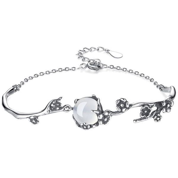 

vintage antique silver color natural stone cat eye moon plum blossom bangle charm bracelets for women charms jewelry, Golden;silver