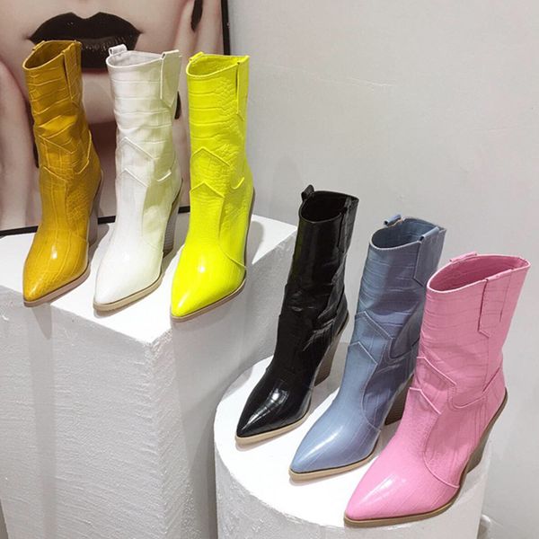 

boots 2021 luxury women high heels wedges mid calf western cowboy designer cowgirl snakeskin shoes botas mujer, Black