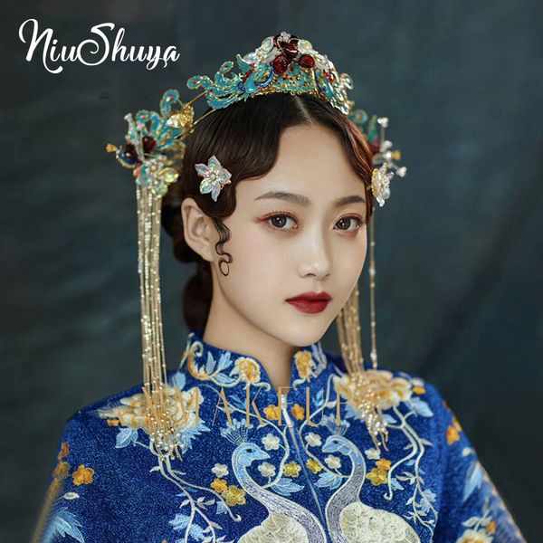 

niushuya high grade classical chinese costume hair accessories blue wedding bride wedding princess queen headdress accessories, Golden;silver