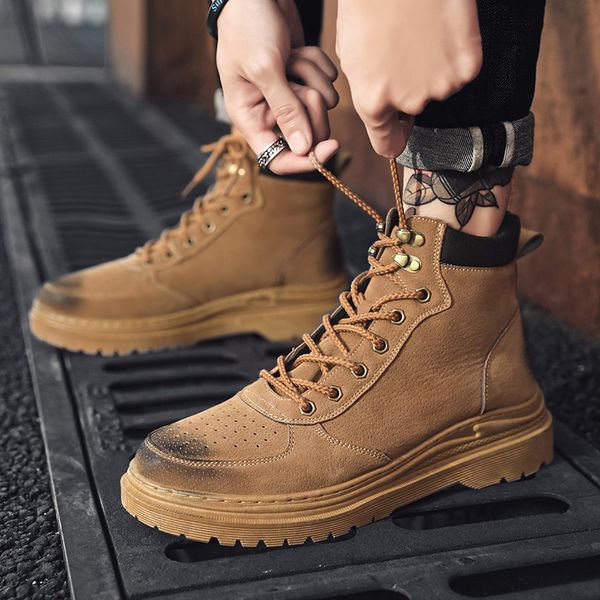 

boots autumn men fashion laceup shoes casuales outdoor work light comfortable breathable wearable botas hombre zapatos, Black