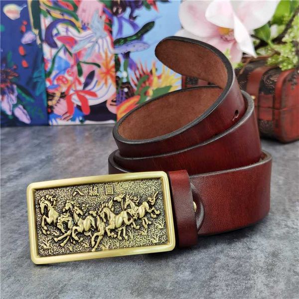 

chinese painting hors solid brass belt buckle men's leather belt ceinture waist men wide leather for men mbt0091, Black;brown