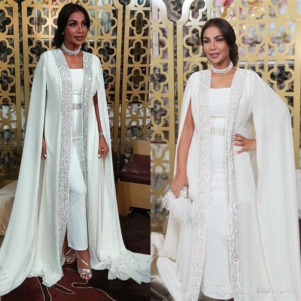 

Dubai Muslim Evening Dresses White Sequins moroccan Kaftan Chiffon Cape Prom Special Occasion Gowns Arabic Long Sleeve Dress Evening Wear