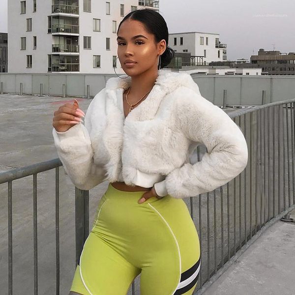 

sleeve solid hooded fuzzy short coat loose outerwear new women clothing 20fw luxury women coat fashion long, Black