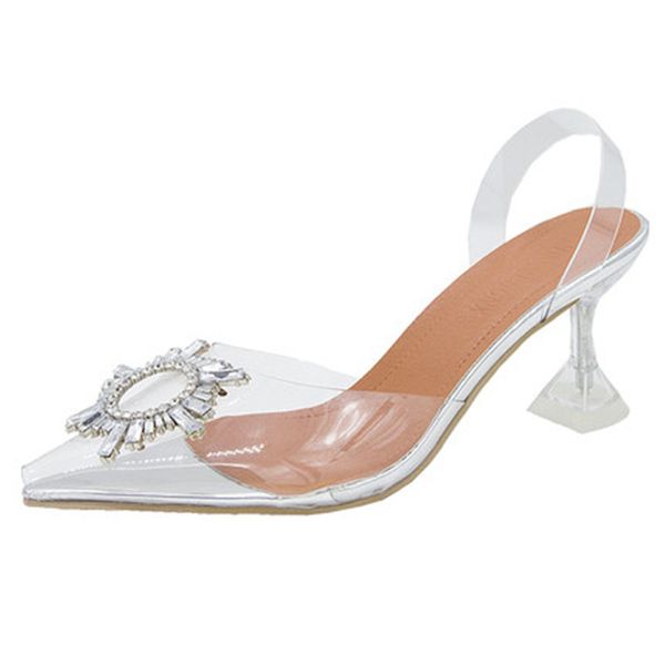 

2020 summer new net celebrity crystal high heels pointed rhinestone transparent sandals female wild word with fairy shoes, Black