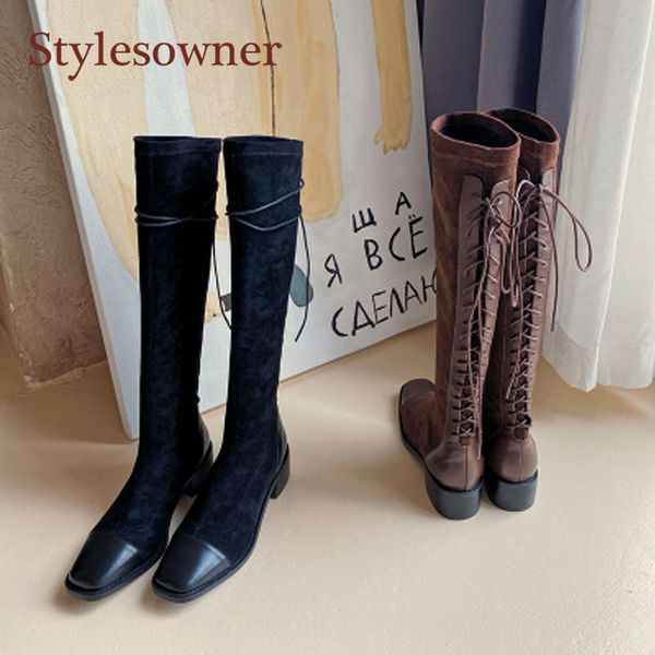 

boots autumn winter after the strapping square toe knee stretch thick-heel mid-heel high women, Black