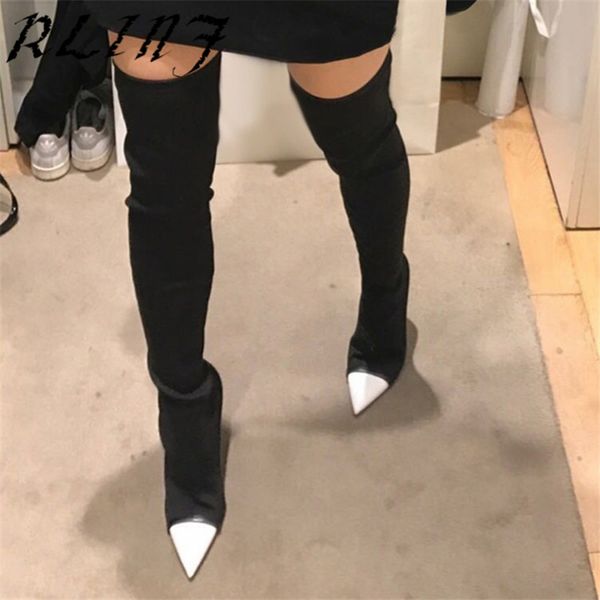 

2020 autumn and winter new stiletto high-heeled knee boots women's elastic boots, Black
