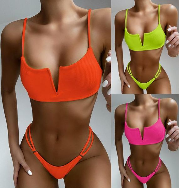 

deep v-neck bikini swimsuit women low waisted orange/rose red/fluorescent yellow bikini set double material bathing suit, White;black