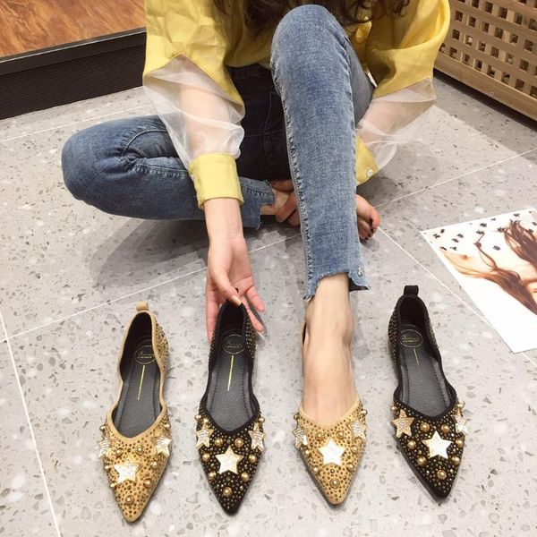 

2020 spring new women rivet pearl flats shoes female shallow pointed toe flats loafers ladies fashion casual metal shoes, Black