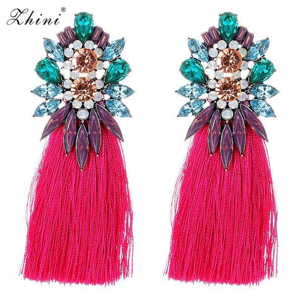 

zhini handmade big crystal flower earring vintage ethnic bohemian rhinestone long tassel drop dangle earrings for women jewelry, Silver