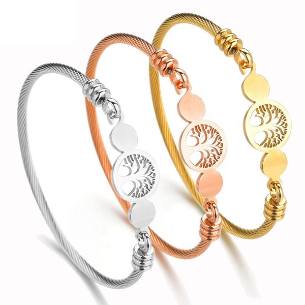 

stainless steel brushed gold and silver color opening women's bracelet hollow life tree pattern woven bracelet women's jewelry, Golden;silver