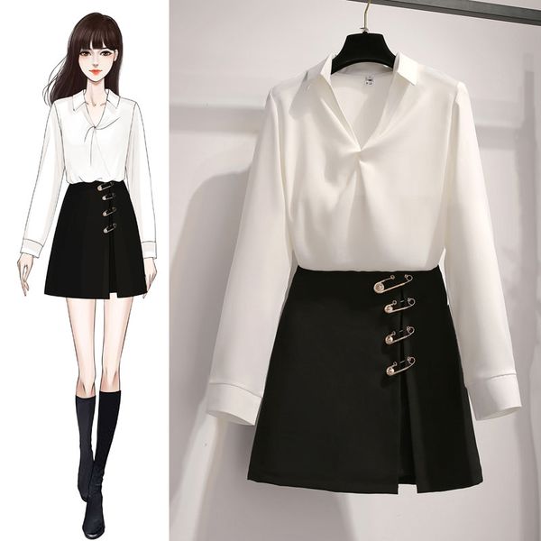 

women's tracksuits 2021 autumn hand-painted white blouse office fashion suits long sleeve shirt black skirts two pcs clothing set, Gray