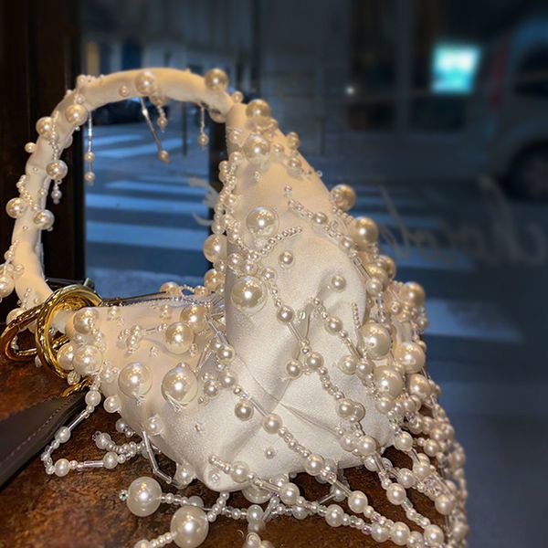 

handmade pearl tassel handbag fashion bucket solid clear color shoulder bag dinner party bride bag purses evening party clutches