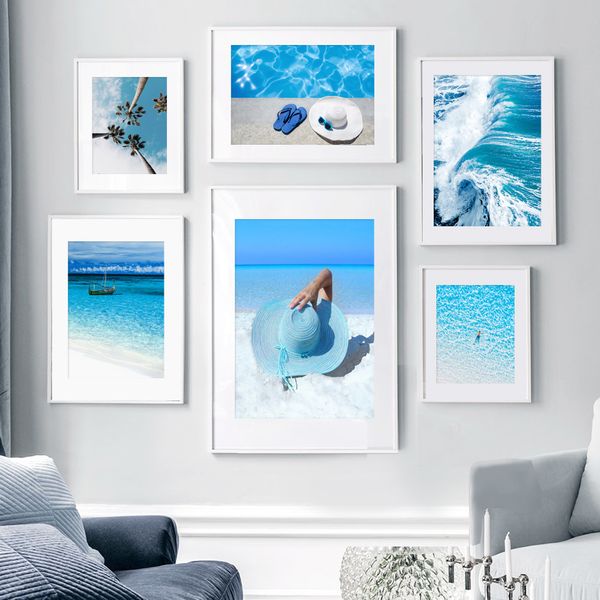 

wall art canvas painting blue ocean sunbathing girl white sand nordic posters and prints wall pictures for living room decor