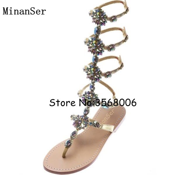 

rhinestone rome style buckle strap flats sandal boots casual summer shinny cystal lady gladiator knee high boots shoes, Black