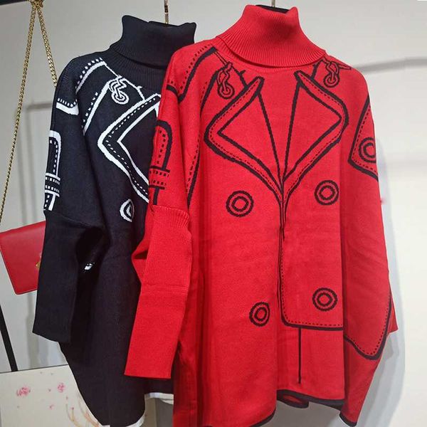 

ewq] 2020 autumn new pattern turtleneck collar print patchwork knitting pullvoers streetwear sweater women ah05801, White;black