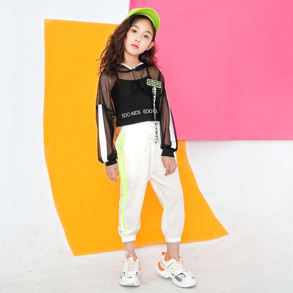 

toddler girls oversize full sleeve hoodies hip hop ballroom jazz dance costumes kids boy skirrousers clothing set team wear, White