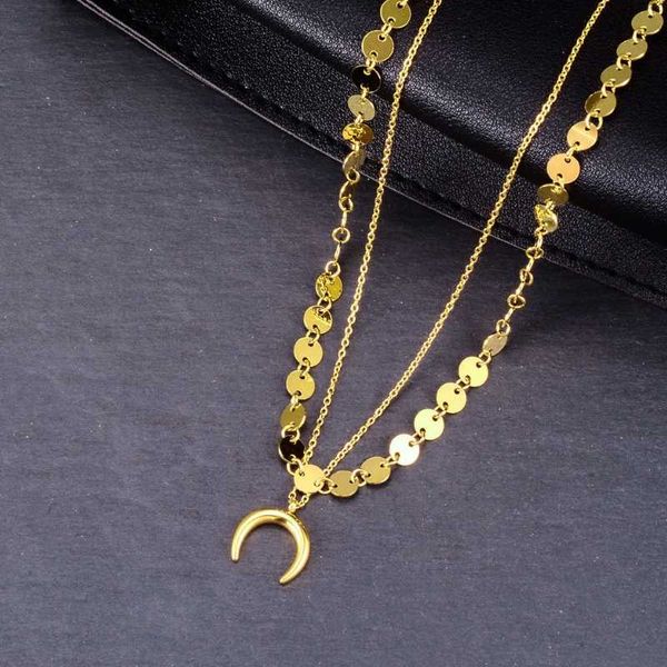 

pendant necklaces crescent moon necklace for women stainless steel double layer choker coin charms jewelry femme chain, Silver