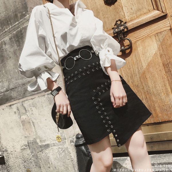 

two piece dress with belt runway spring women long lantern loose sleeve blouse shirts and lace up black party skirt suits set ns424, White