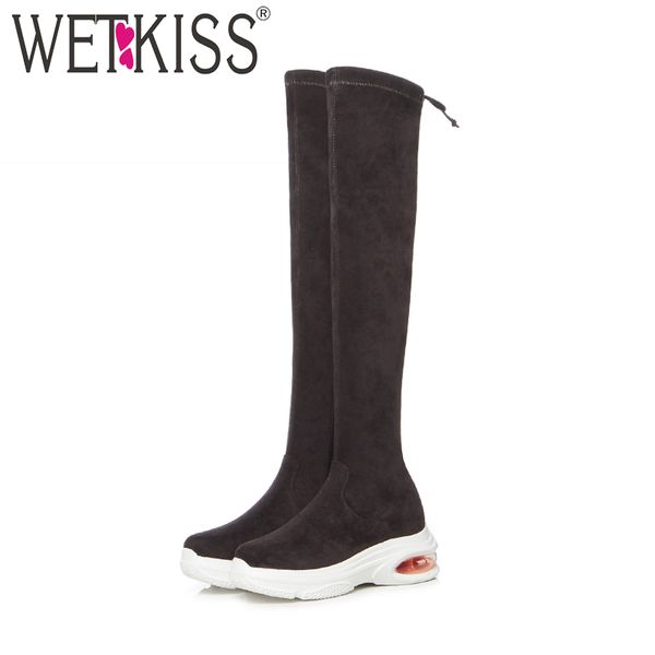 

wetkiss stretch women boots cross tied round toe footwear flock over the knee female boot platform shoes women 2020 winter black