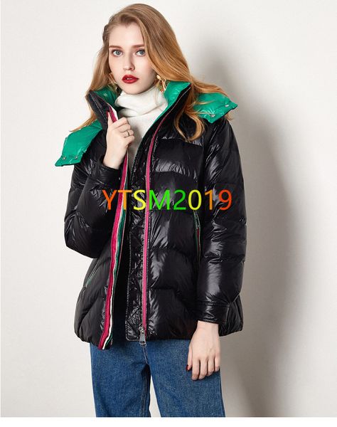 

down jacket women's stand collar down jacket contrast color hooded white duck down wear winter jacket warm clothing, Black
