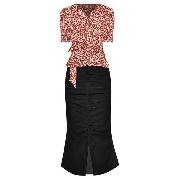 

2pcs set summer outfit red / blue floral blouses v neck half sleeve sash belt crop + drawstring ruched tight midi skirt, Gray