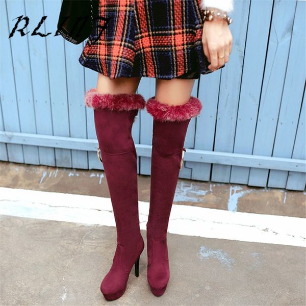 

rlinf new fashion stiletto high heel wild casual fur high tube over the knee suede knight female long boots, Black