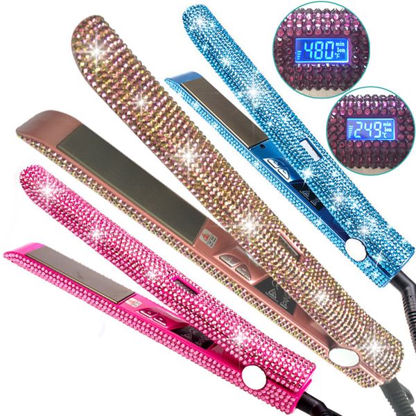 Piastra per capelli con strass in cristallo, piastra in titanio, con display digitale LCD, strumenti per lo styling per la cura dei capelli della donna