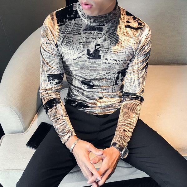 

streetwear mens casual slim fit velvet fashion letter printed t-shirt man turtleneck long sleeve spring new bottom tees, White;black